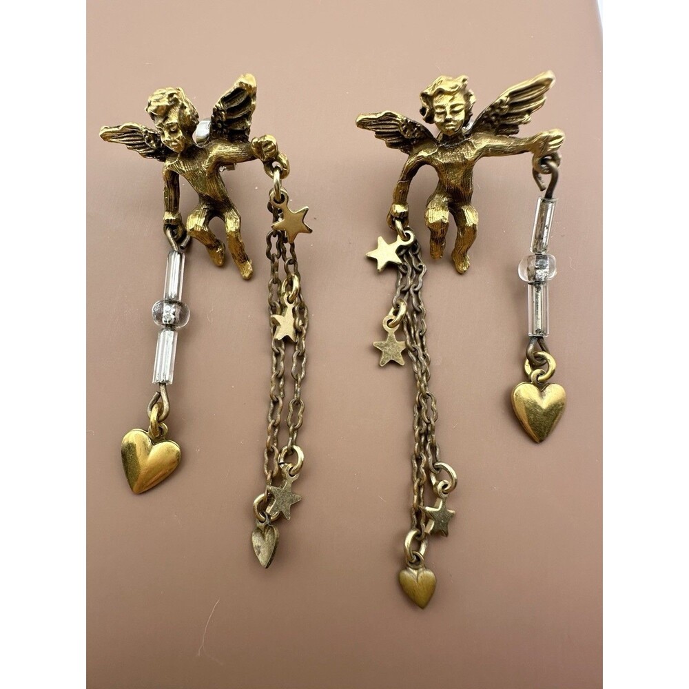 Vintage Cherub Star Heart Pierced Dangle Earrings